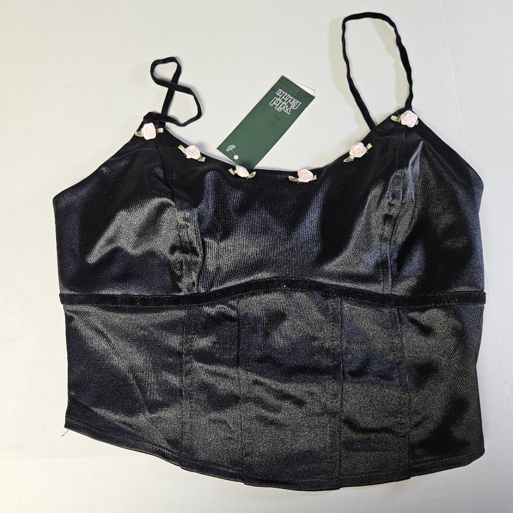 Black Satin Corset Crop Top with Floral‎ Accents Small